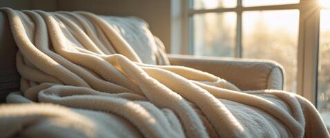 A blanket is wrapped around a couch in front of a window photo