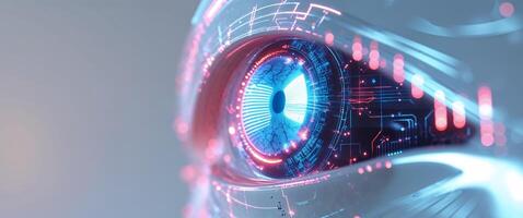 The eye of a robot is shown with a glowing blue light photo