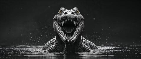 A black and white image of a dinosaur in the water photo