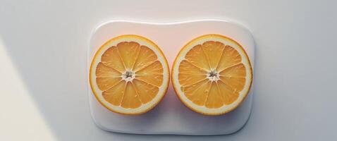 An aerial view of halved oranges on a white surface photo