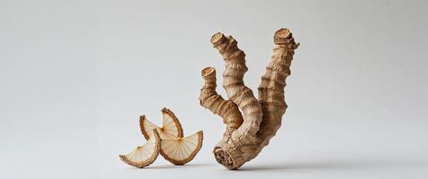 Dried Ginseng Root and Slices - Herbal Medicine and Natural Health Benefits. photo