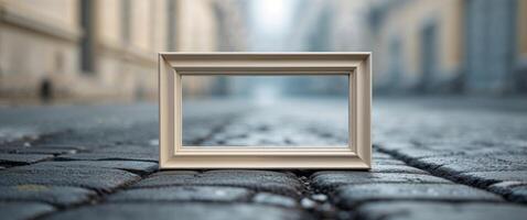 Empty white frame on a cobblestone street with soft urban background photo