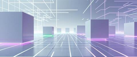 Abstract Digital Landscape of Illuminated Cubes and Interconnected Data Streams in Cyberspace photo