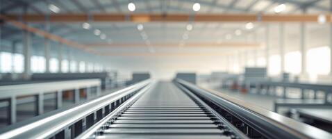 Industrial Conveyor Belt in a Warehouse with Blurred Background and Empty Space for Product Placement photo