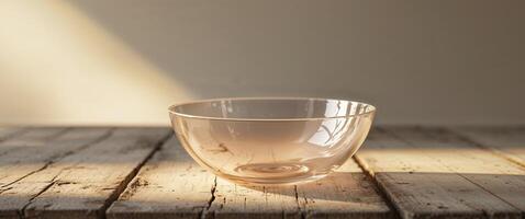 Empty Glass Bowl On Rustic Wooden Table With Sunlight. photo