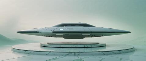 Futuristic spaceship hovering above a marble platform on an alien planet photo