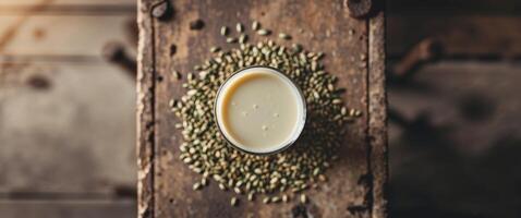 Glass of hemp milk with hemp seeds on a wooden table. photo