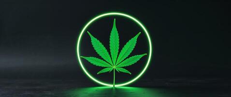 Glowing green cannabis leaf on dark background with neon circular design. photo