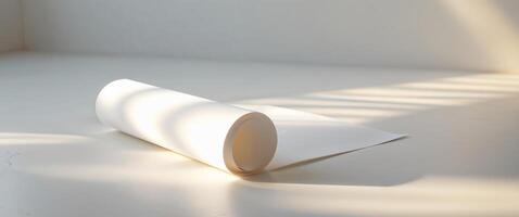 Rolled white paper sheet on a surface with sun shadows. photo