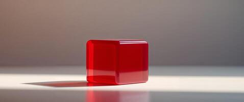 Glossy red jelly cube resting on a flat surface illuminated by natural light. photo