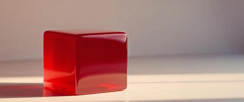 Glossy red jelly cube resting on a flat surface illuminated by natural light photo