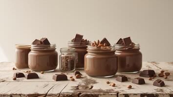 Chocolate mousse in jars on wooden table photo