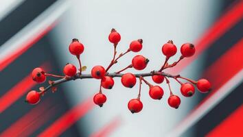 Red berries on a branch against a black and white striped background photo