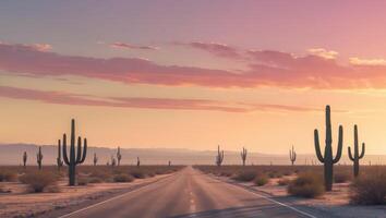 A desert road with tall cactus trees in the foreground photo
