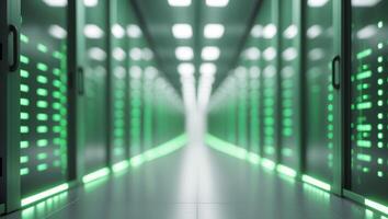 A long hallway with green lights in the middle photo