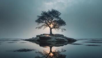 A lone tree on a rock in the middle of a lake photo