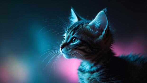 A cat is looking up at the sky in front of a colorful background photo