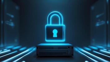 A glowing padlock on a server photo