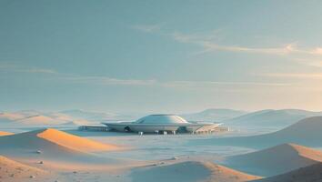 A futuristic building in the desert with sand dunes photo