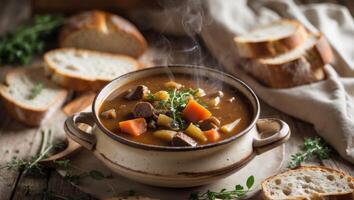 Beef stew in a bowl with bread on a wooden table photo