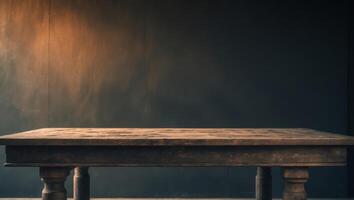 An empty table in front of a dark wall photo