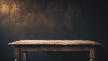 An old table in front of a dark wall photo