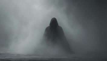 A person in a hooded robe standing in the fog photo