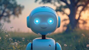 A robot standing in a field with trees and grass photo