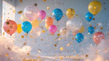 Colorful balloons float amidst shimmering confetti at a joyful celebration event in a festive setting. photo
