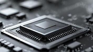 Close up of a microchip on a circuit board. photo
