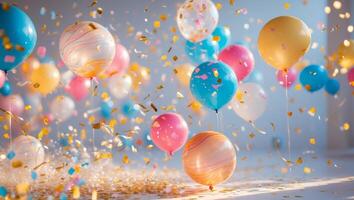 Colorful balloons float amidst shimmering confetti at a joyful celebration event in a festive setting photo