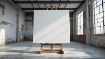Blank Canvas on Easel in Industrial Loft Setting. photo