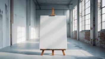 Blank Canvas on Easel in Industrial Loft Setting photo