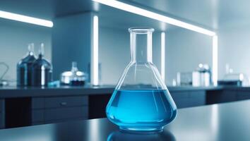 Blue liquid in a glass flask illuminated by soft light in a dark laboratory setting. photo
