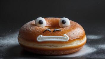 Angry Donut Glazed with Icing and Edible Face Features on Dark Background photo