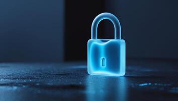 A translucent padlock glowing with blue light sits on a reflective surface in a dimly lit environment photo