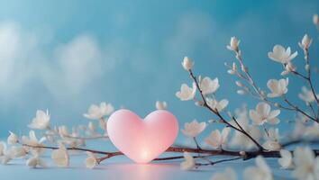 A pink heart shaped candle is sitting on a branch of a tree photo