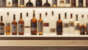 A wooden bar with bottles of alcohol on it photo
