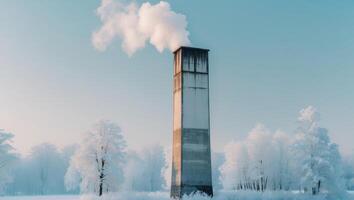 A chimney is standing in the middle of a snowy field photo