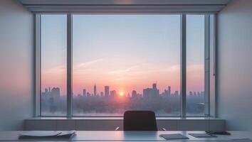 A desk with a computer and a window overlooking the city photo