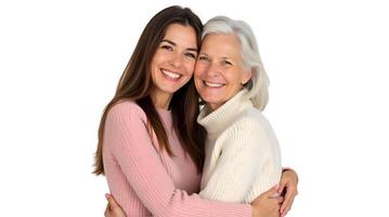 Two women hugging each other on a white background photo