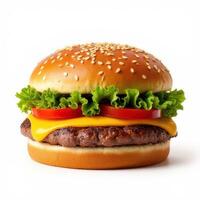 A delicious cheeseburger with a sesame seed bun photo