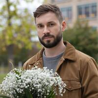 Man holding a bunch of flowers photo