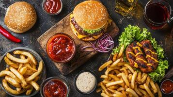 Fast Food Feast. Burgers, Fries, and Sauces photo