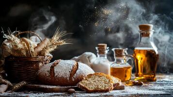 Artisan Bread Baking. Rustic Still Life of Freshly Baked Bread, Wheat, and Oils photo