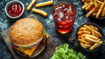 Juicy Cheeseburger Combo with Crispy French Fries and Iced Tea photo
