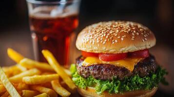 Juicy Cheese burger with French Fries and Soda photo