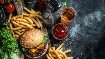 Juicy Cheese burger with Crispy French Fries and Refreshing Drinks photo