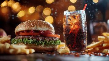 Juicy Burger, Crispy Fries, and Refreshing Soda. A Classic Fast Food Combo photo