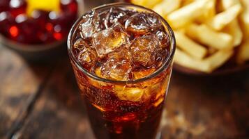 Iced Cola with French Fries and Gummy Candies photo